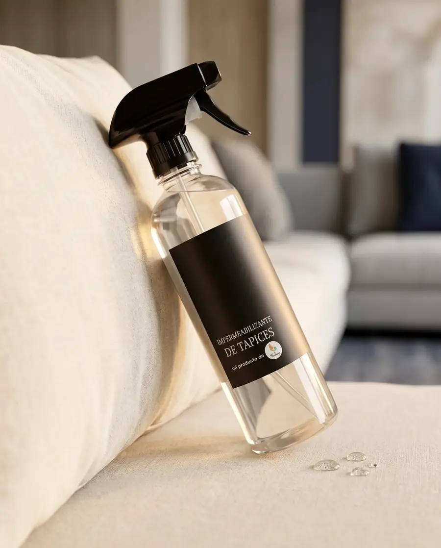 Botella de impermeabilizante sobre sofá claro con interior elegante
